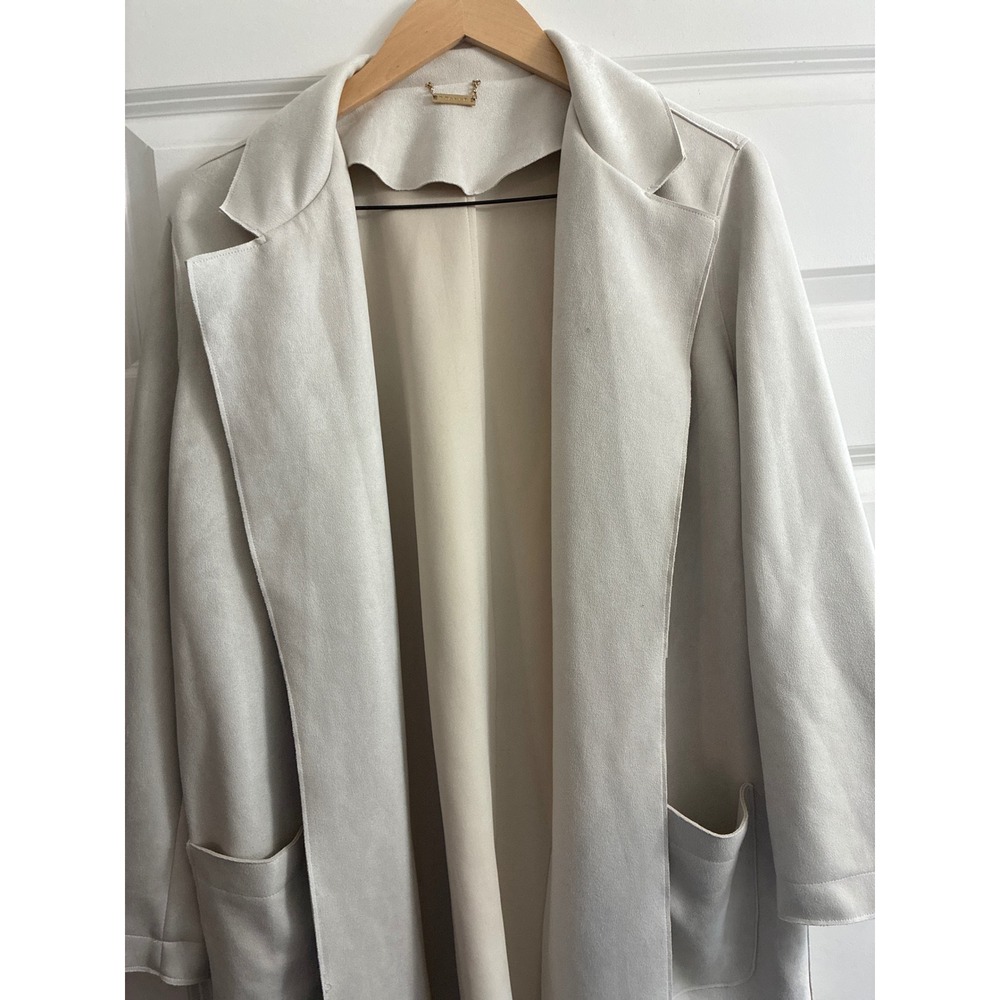 Tahari Womens Faux Leather Suede Open Front Duster Jacket Bone/tan